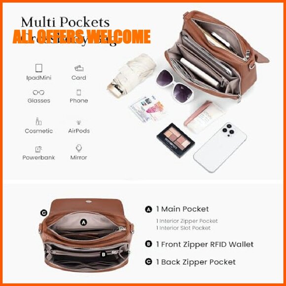 Genuine Leather Crossbody Bag with RFID Wallet Medium Saddle Purse - Picture 5 of 7